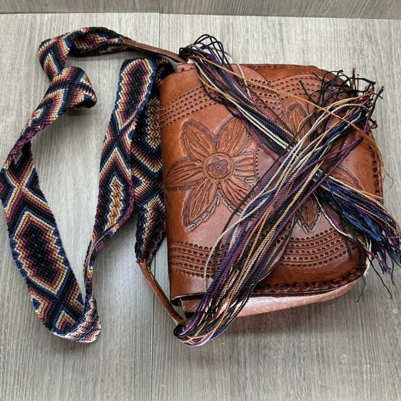 Womens Handbag Boho Leather Floral Tooled Embossed Purse Mini Sling Tan Brown - Picture 4 of 12